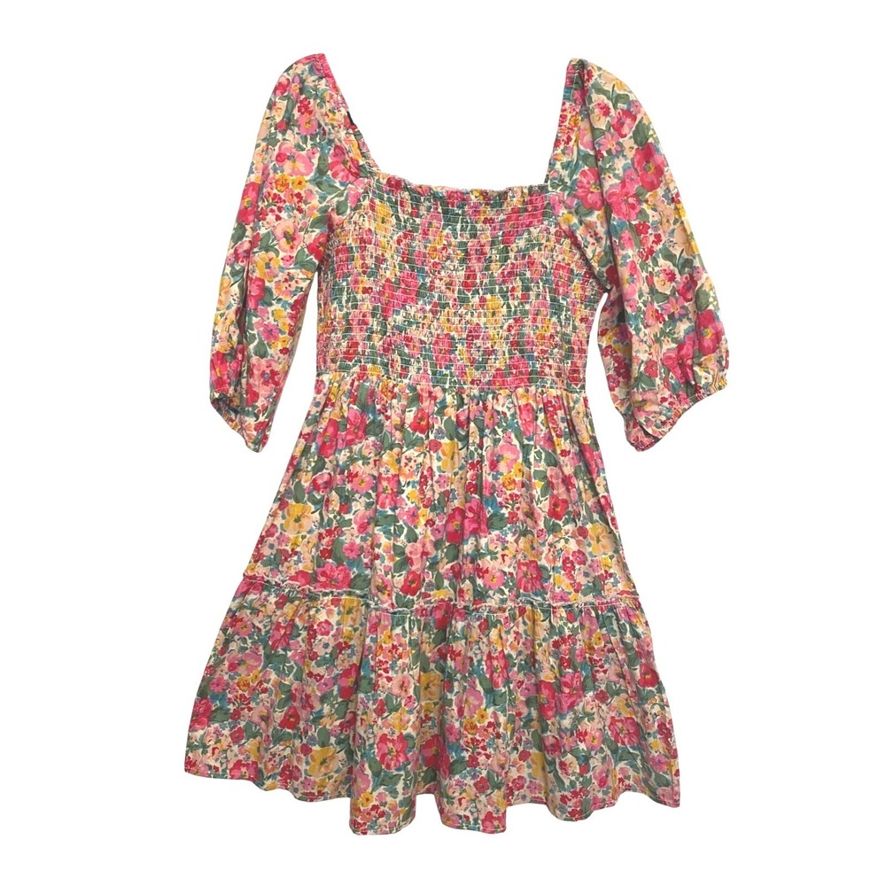Kings Road Floral Mini Dress Smocked Pink Green 3/4 Puff Sleeve SZ XL Prairie